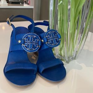 Tory Burch Blue Textured Leather Amanda High Wedges Size 9
